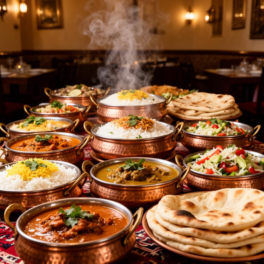 Lunchbuffén på Kabul Darbar med kopparkärl, ris, grytor och naan