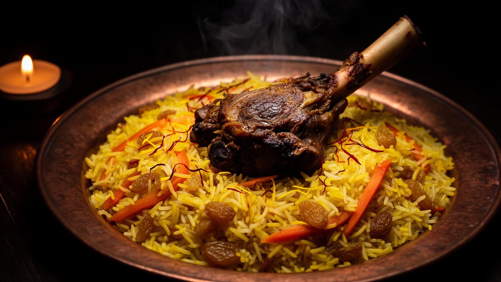 Ångande Qabli Pulao med saffransris och långkokt lammlägg